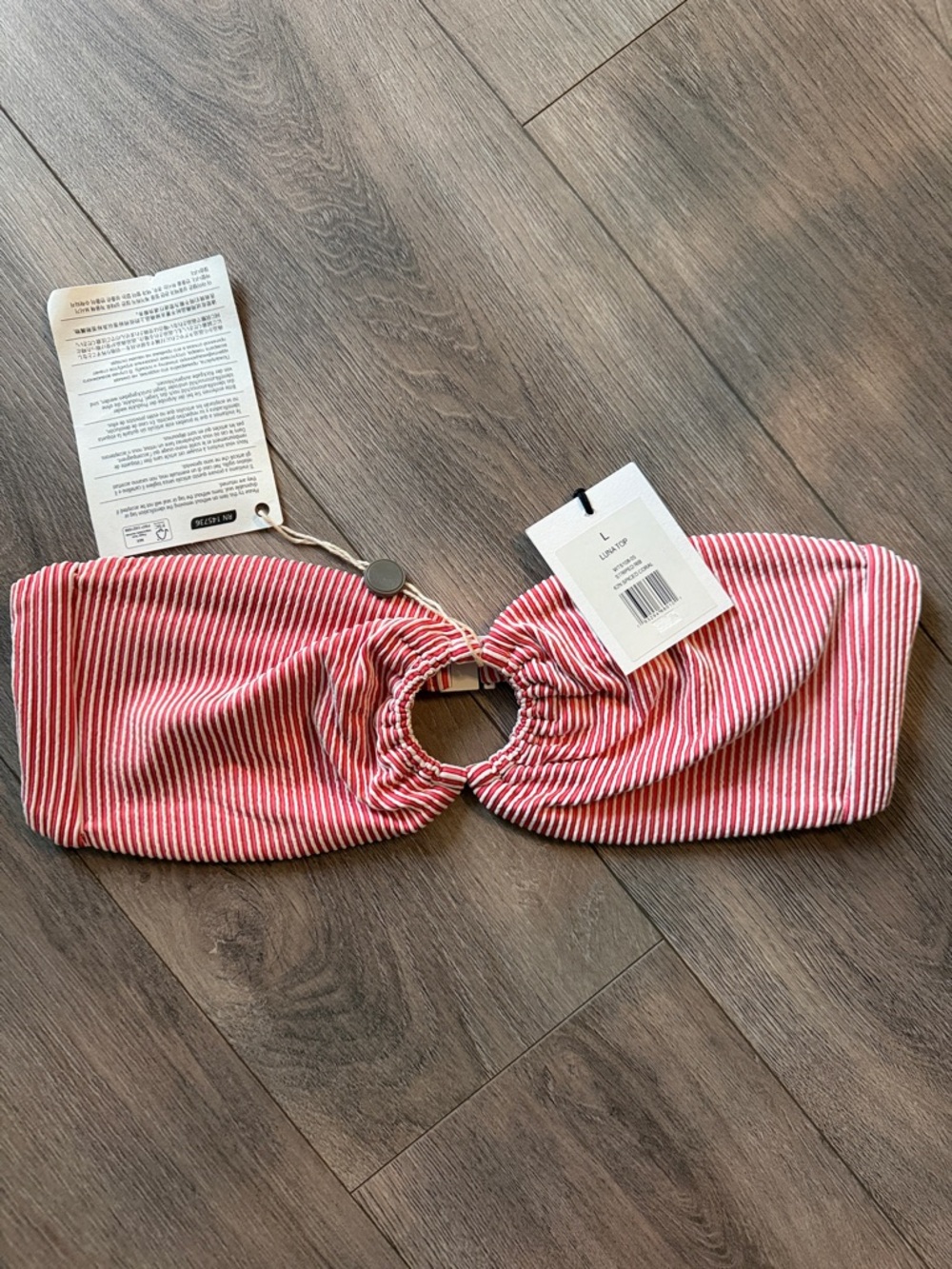 Onia Striped Coral Bandeau Bikini Top with Central Ring  Size L